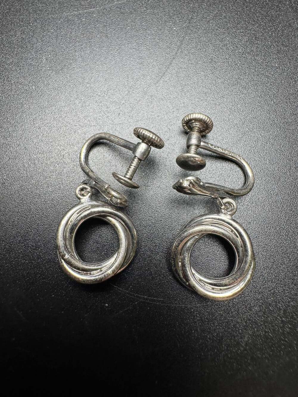 Vintage 925 Sterling Silver Triple Loop Screw Back Earrings Dangling Drop